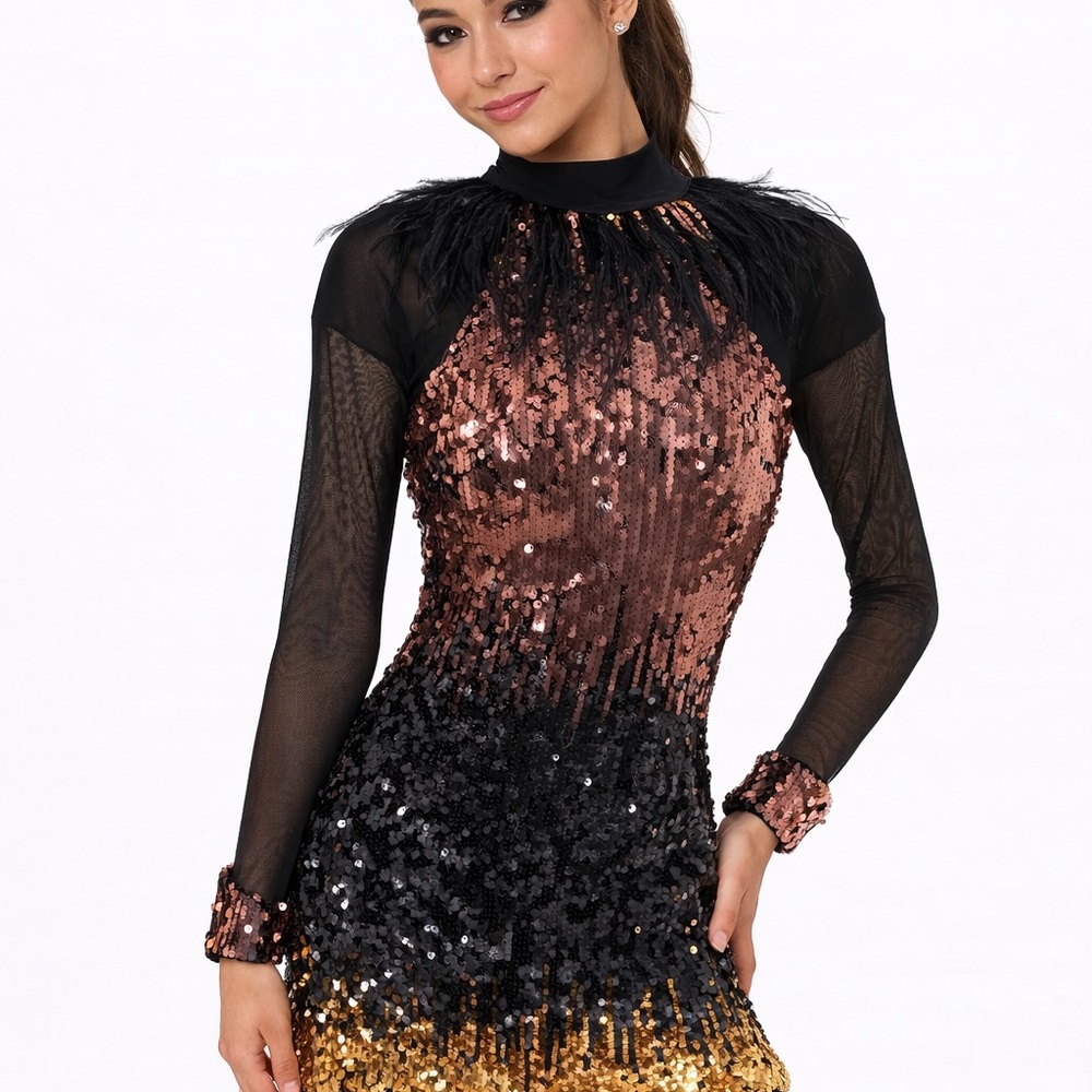 Weissman Black and Gold Elegant Sequin Feather Dance Costume